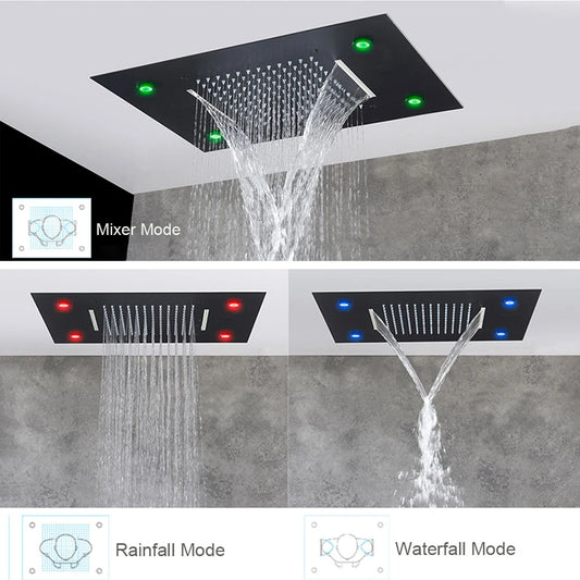 Black Ceiling Mount LED Rainfall & Waterfall Shower Head with Remote Control