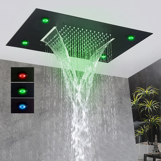Black Ceiling Mount LED Rainfall & Waterfall Shower Head with Remote Control